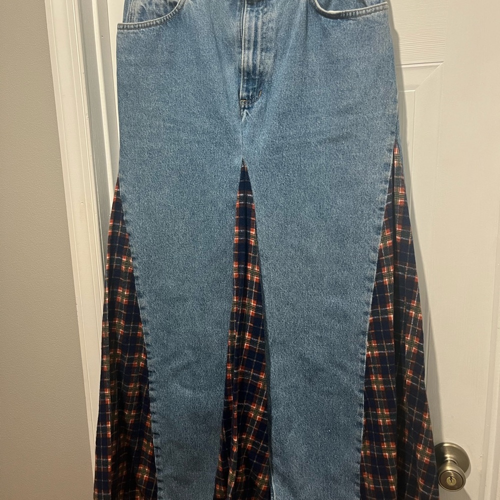 Denim Skirt with Plaid Inserts